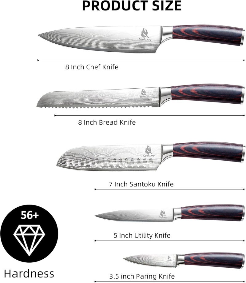 Cooluxry Kitchen Knife Set, Chef Knife, Utility Knife & Paring Knife for Precise Cutting, High Carbon Stainless Steel Professional Chef Knife Set with Wooden Handle, Ultra Sharp Blade (5-Piece) - Image 5
